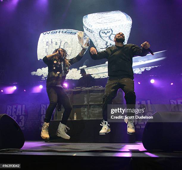Musicians Future and Drake perform onstage during REAL 92.3's 'The Real Show" at The Forum on November 8, 2015 in Inglewood, California.