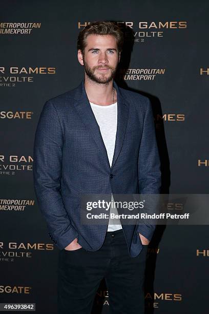 Actor Liam Hemsworth attends the 'Hunger Games : Mockingjay Part 2', Paris : Photocall at Plazza Athenee on November 9, 2015 in Paris, France.