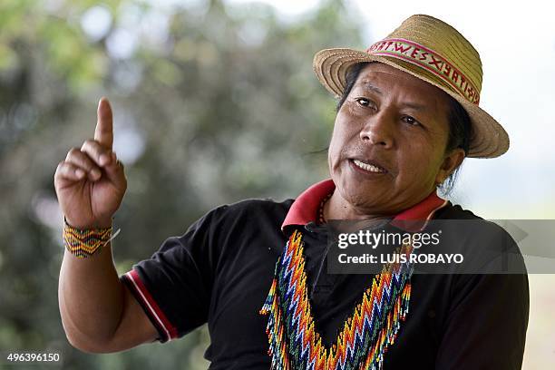 Colombian indigenous leader Feliciano Valencia speaks during an interview with AFP at the Gualanday Harmonization Center, in a rural area of...