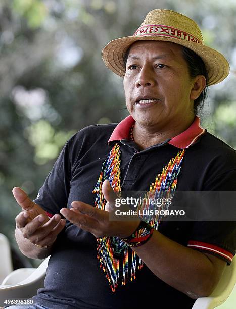 Colombian indigenous leader Feliciano Valencia speaks during an interview with AFP at the Gualanday Harmonization Center, in a rural area of...