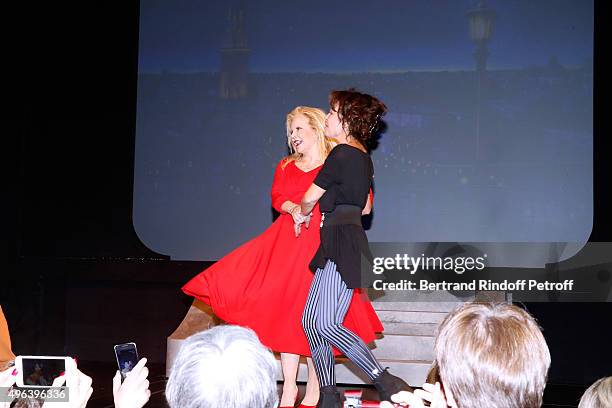 Actresses Sylvie Vartan and Isabelle Mergault triumph in the Theater Play 'Ne me regardez pas comme ca !', performed at 'Theatre Des Varietes' on...