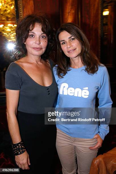 Actress of the piece Isabelle Mergault and Actress Valerie Kapriski attend the Theater Play 'Ne me regardez pas comme ca !', performed at 'Theatre...