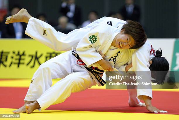 Yuka Nishida and Eri Kakita compete in the Women's -52kg final during day two of the Kodokan Cup All Japan Judo Championships by Weight Category at...