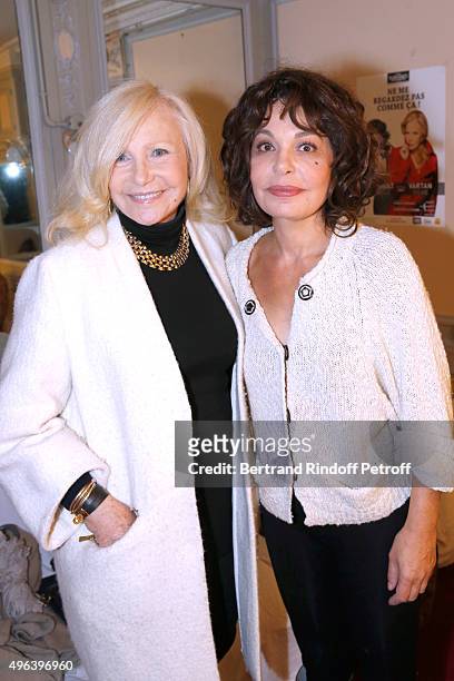 Singer Michele Torr and Actress of the Piece Isabelle Mergault attend the Theater Play 'Ne me regardez pas comme ca !', performed at 'Theatre Des...