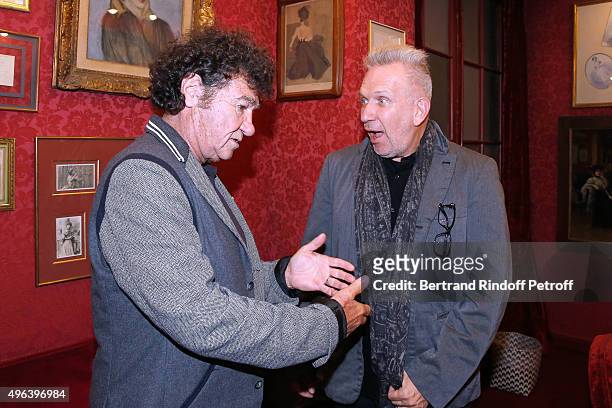 Robert Charlebois and Fashion Designer Jean-Paul Gaultier attend the Theater Play 'Ne me regardez pas comme ca !', performed at 'Theatre Des...