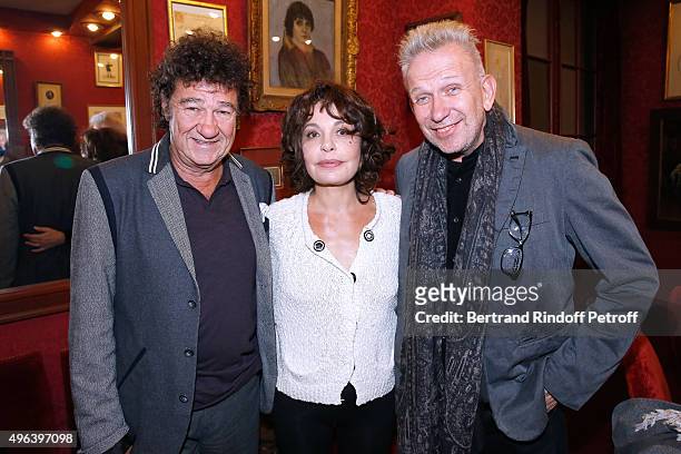 Robert Charlebois, Actress of the Piece Isabelle Mergault and Fashion Designer Jean-Paul Gaultier attend the Theater Play 'Ne me regardez pas comme...