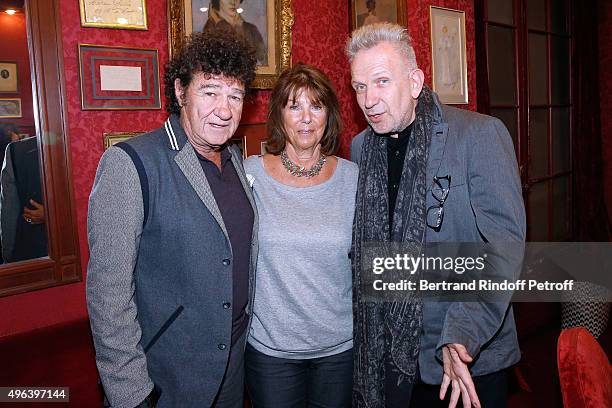 Robert Charlebois, his wife Laurence and Fashion Designer Jean-Paul Gaultier attend the Theater Play 'Ne me regardez pas comme ca !', performed at...