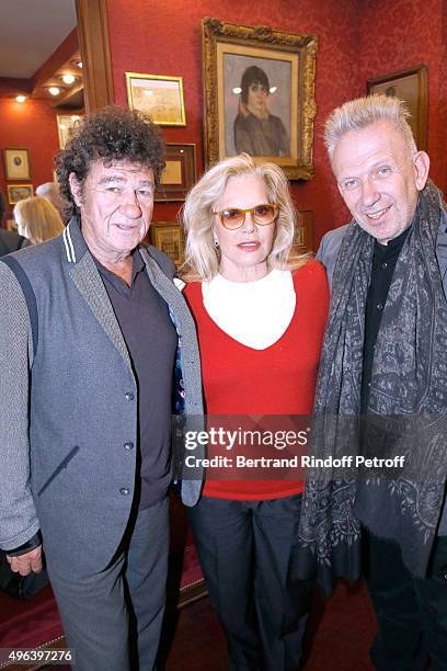 Robert Charlebois, Sylvie Vartan and Fashion Designer Jean-Paul Gaultier attend Sylvie Vartan triumphs in the Theater Play 'Ne me regardez pas comme...