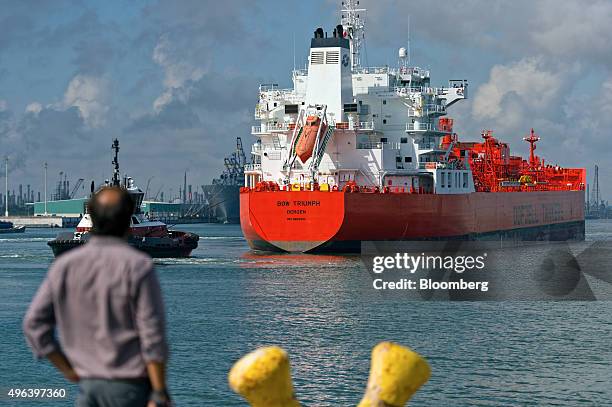 An Odfjell SE tanker ship, the Bow Triumph, carrying liquid fertilizer, sails into the Port Of Corpus Christi in Corpus Christi, Texas, U.S., on...