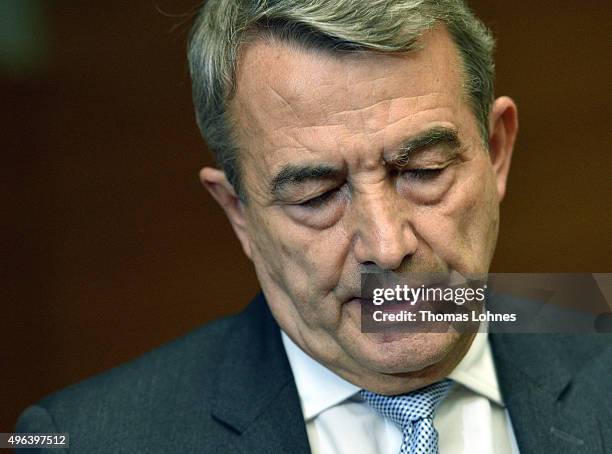 Wolfgang Niersbach speaks to the press announcing his retirement with immediate effect from his position as DFB president at DFB headquarters on...