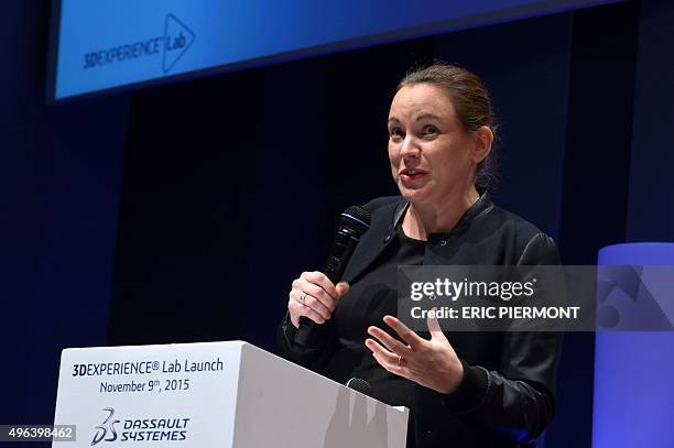 French Junior minister for Digital Economy Axelle Lemaire talks during the launching of the 3DExperience Lab and the Dassault Systemes Foundation on...
