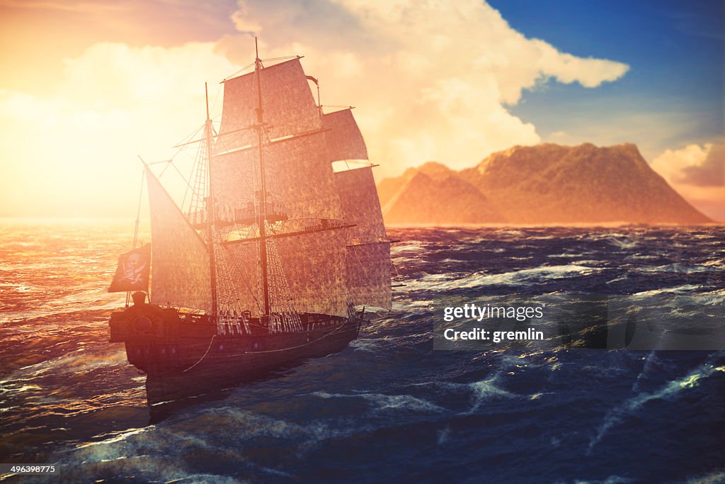 Barco pirata vela hacia lonely island en puesta de sol