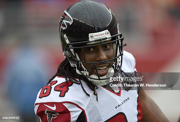 Roddy White of the Atlanta Falcons looks on during pregame prior to playing the San Francisco 49ers in an NFL football game at Levi's Stadium on...