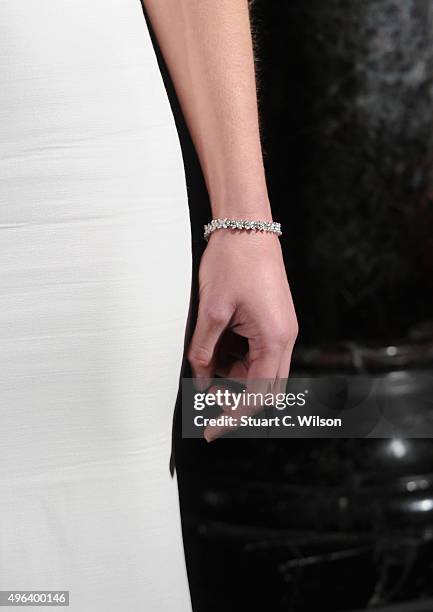 Actress Gemma Arterton, bracelet detail, reveals the 2015 Tiffany & Co. Christmas windows at the Old Bond Street store, marking the opening of the...