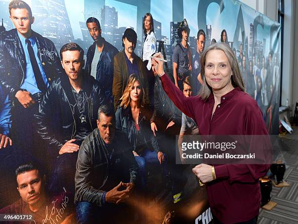 Actress Amy Morton attends a press junket for NBC's 'Chicago Fire', 'Chicago P.D.' and 'Chicago Med' at Cinespace Chicago Film Studios on November 9,...
