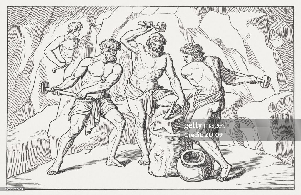 The Forge of Vulcan, Greek mythology, wood engraving, published 1883