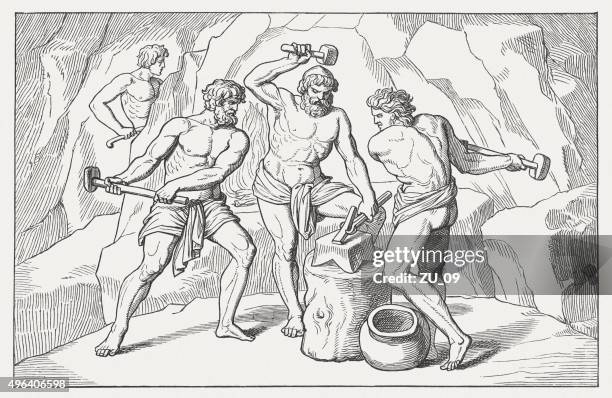 the forge of vulcan, greek mythology, wood engraving, published 1883 - vulcan roman god stock illustrations