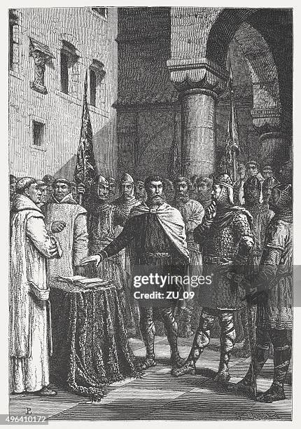 harald and william agreement, published in 1881 - medieval & renaissance music stock illustrations