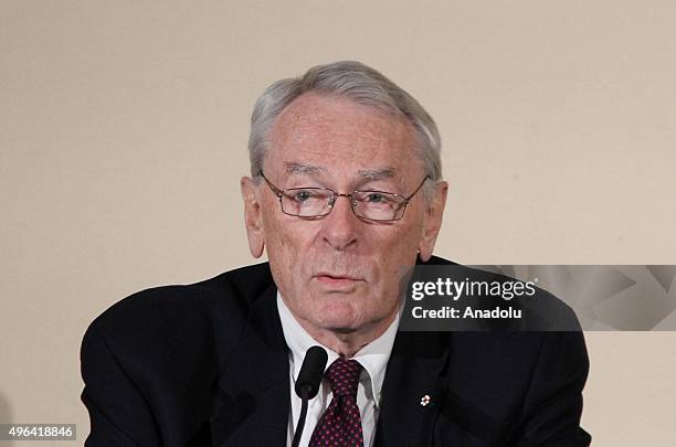 Former World Anti-Doping Agency President and chairman of the WADA independent commission Richard W Pound, gives a speech during the press conference...
