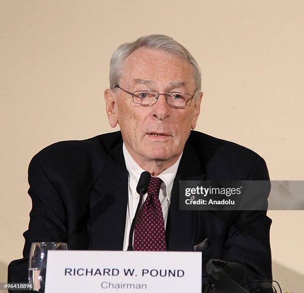 Former World Anti-Doping Agency President and chairman of the WADA independent commission Richard W Pound, gives a speech during the press conference...