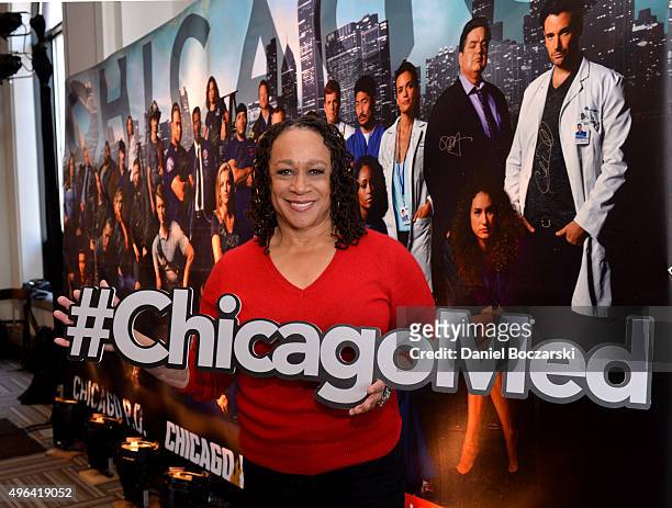 Actress S. Epatha Merkerson holds a #ChicagoMed hashtag as she attends a press junket for NBC's 'Chicago Fire', 'Chicago P.D.' and 'Chicago Med' at...