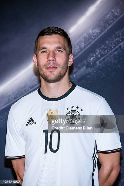 Lukas Podolski attends the 'Die Mannschaft' Kit Presentation at The Base on November 9, 2015 in Berlin, Germany.