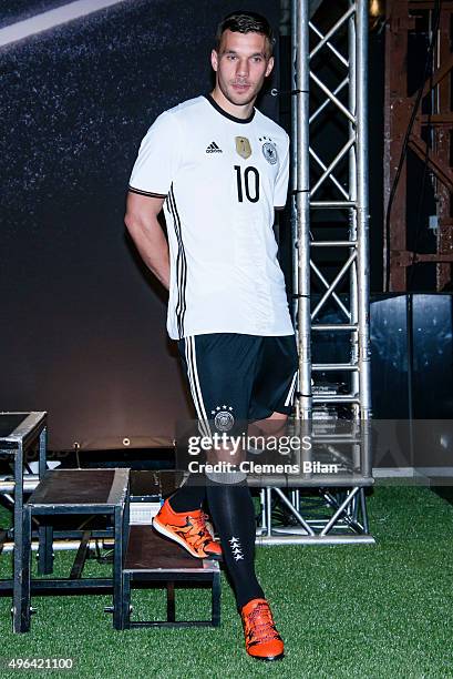 Lukas Podolski attends the 'Die Mannschaft' Kit Presentation at The Base on November 9, 2015 in Berlin, Germany.