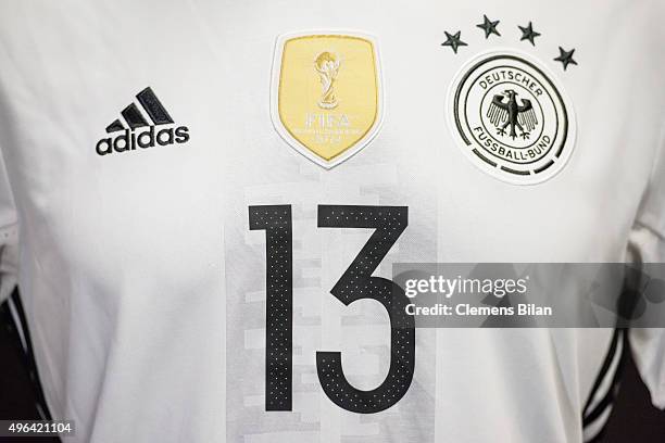 An official team shirt is displayed during the 'Die Mannschaft' Kit Presentation at The Base on November 9, 2015 in Berlin, Germany.