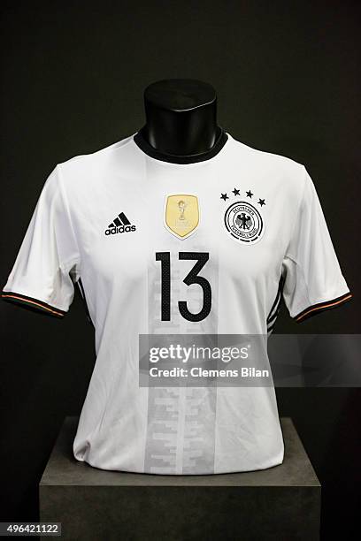 An official team shirt is displayed during the 'Die Mannschaft' Kit Presentation at The Base on November 9, 2015 in Berlin, Germany.