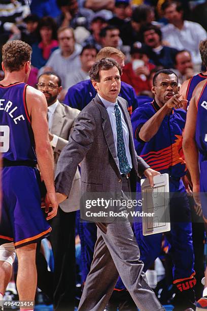 Head Coach Paul Westphal of the Phoenix Suns looks on against the Sacramento Kings circa 1993 at Arco Arena in Sacramento, California. NOTE TO USER:...