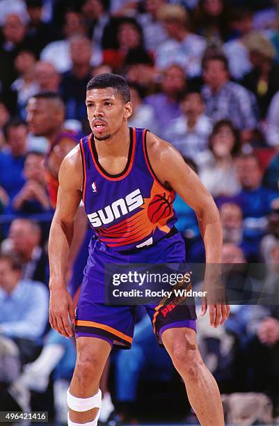 Kevin Johnson of the Phoenix Suns defends against the Sacramento Kings circa 1993 at Arco Arena in Sacramento, California. NOTE TO USER: User...