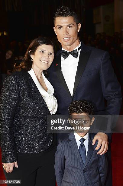 Cristiano Ronaldo , son Cristiano Ronaldo Jr and mother Maria Dolores Aveiro attend the World Premiere of "Ronaldo" at Vue West End on November 9,...