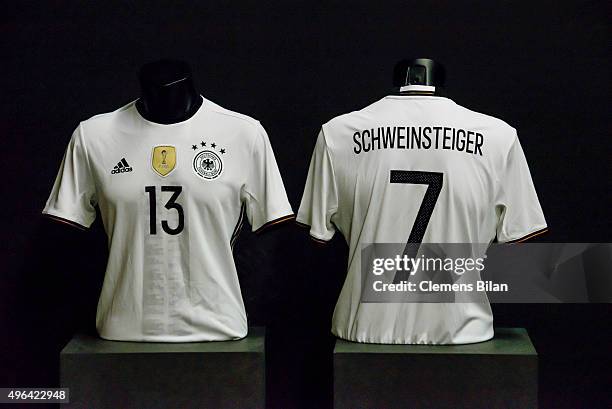 Official team shirts during the 'Die Mannschaft' Kit Presentation at The Base on November 9, 2015 in Berlin, Germany.