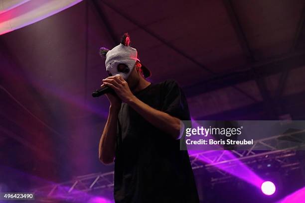 Rapper Cro performs at the adidas presentation of new DFB home jersey for UEFA EURO 2016 at The Base on November 9, 2015 in Berlin, Germany.
