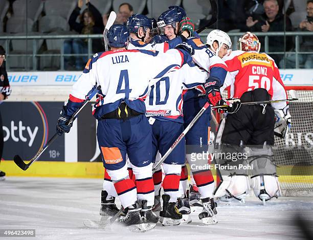 Patrik Luza, Marek Daloga, Martin Reway and Pavol Skalicky of Team Slovakia celebrate after scoring the 1:0 during the game between Slovakia against...
