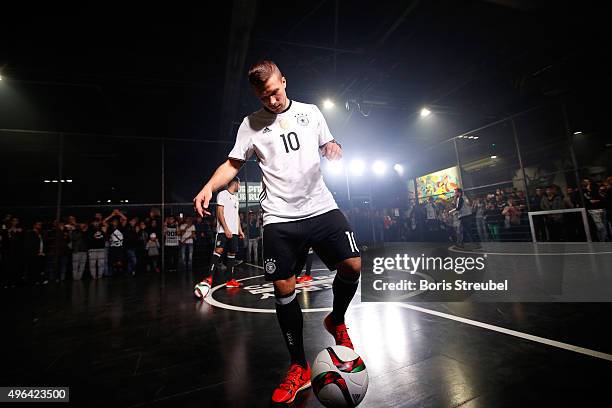 Lukas Podolski is seen at the adidas presentation of new DFB home jersey for UEFA EURO 2016 at The Base on November 9, 2015 in Berlin, Germany.