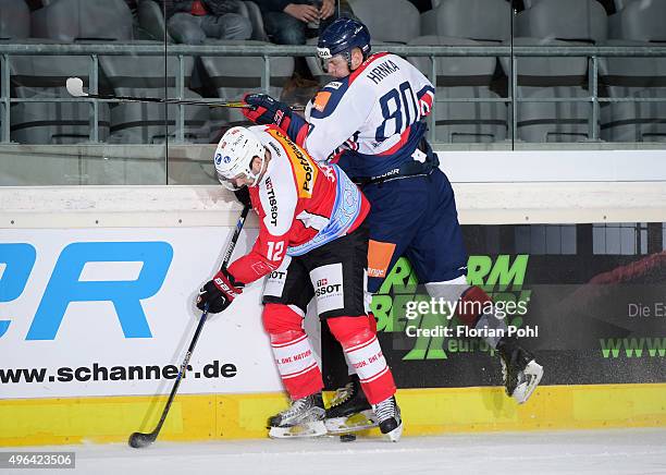 Luca Cunti of Team Swiss and Tomas Hrnka of Team Slovakia during the game between Slovakia against Swiss on November 8, 2015 in Augsburg, Germany.
