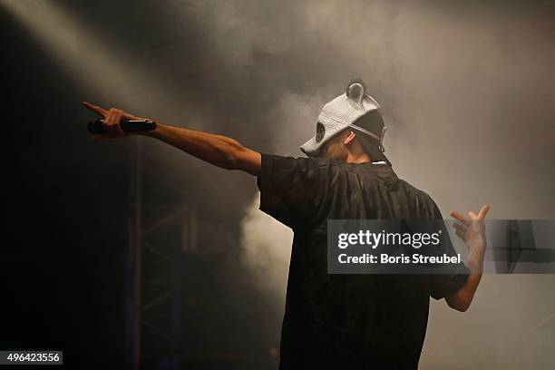 Rapper Cro performs at the adidas presentation of new DFB home jersey for UEFA EURO 2016 at The Base on November 9, 2015 in Berlin, Germany.