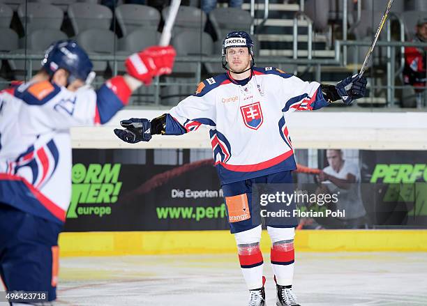 Marek Bartanus of Team Slovakia celebrates after scoring the 3:0 during the game between Slovakia against Swiss on November 8, 2015 in Augsburg,...