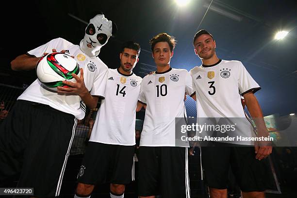 Cro, Emre Can, Dajuan and Jonas Hector attend the adidas presentation of new DFB home jersey for UEFA EURO 2016 at The Base on November 9, 2015 in...