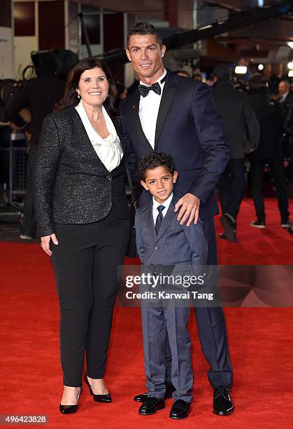 Maria Dolores dos Santos Aveiro, Cristiano Ronaldo and son Cristiano Ronaldo Jnr attend the World Premiere of "Ronaldo" at Vue West End on November...