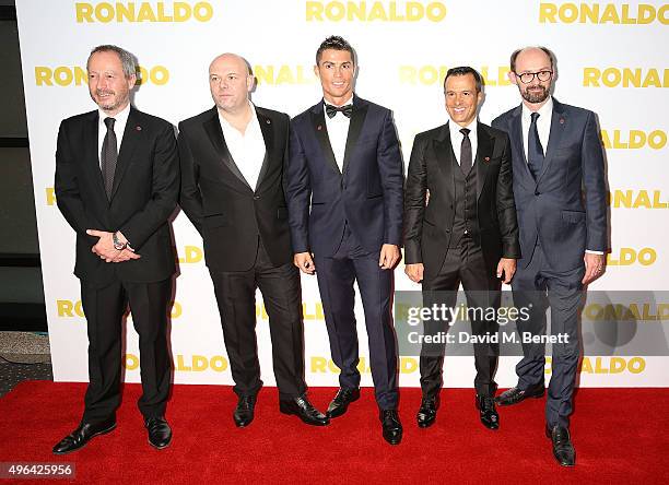 Antony Wonke, Paul Martin, Cristiano Ronaldo, Jorge Mendes and James Gay-Rees attend the World Premiere of "Ronaldo" at the Vue West End on November...
