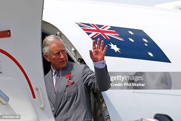 Prince Charles, Prince of Wales departs from the Whenuapai Airforce base for Australia on November 10, 2015 in Auckland, New Zealand. The Royal...