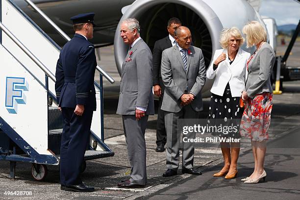 Prince Charles, Prince of Wales and Camilla, Duchess of Cornwall depart for Australia from the Whenuapai Airforce base on November 10, 2015 in...