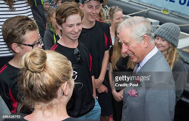 Prince Charles, Prince of Wales visits the Spirit of New Zealand trainning vessel on Princess wharf on November 10, 2015 in Auckland, New Zealand.