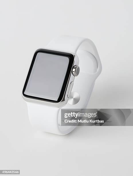 apple watch stainless still with white sport band - apple watch stock pictures, royalty-free photos & images