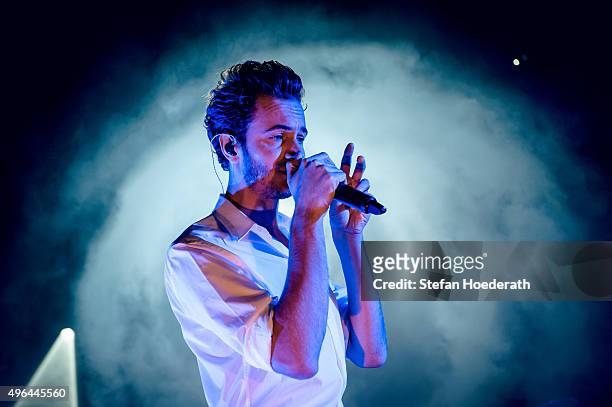 Singer Tom Smith of the Editors performs live on stage during a concert at Columbiahalle on November 9, 2015 in Berlin, Germany.