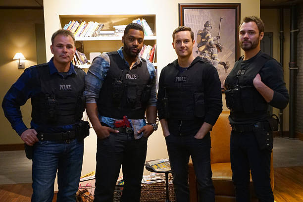 Chicago Celebration" -- Pictured: Brian Luce, Tech Advisor; LaRoyce Hawkins, Jesse Lee Soffer, Patrick John Flueger take part in the "Chicago P.D."...