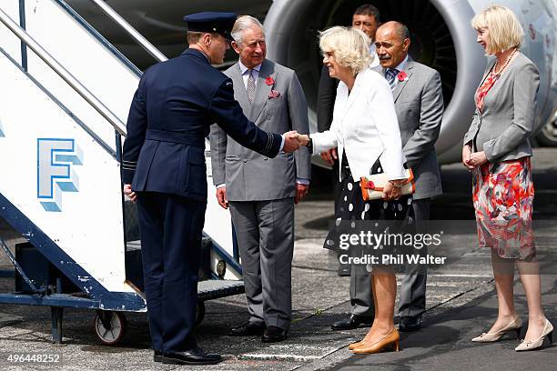 Prince Charles, Prince of Wales and Camilla, Duchess of Cornwall depart for Australia from the Whenuapai Airforce base on November 10, 2015 in...