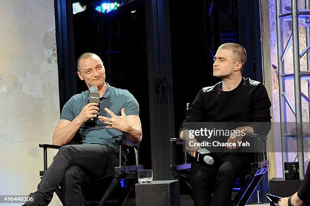 James McAvoy and Daniel Radcliffe attend AOL BUILD Speaker Series: "Victor Frankenstein" at AOL Studios In New York on November 9, 2015 in New York...